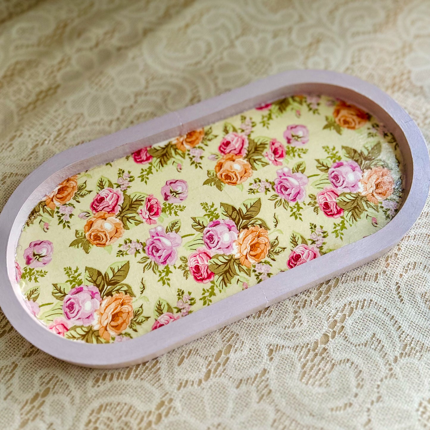 Mini Oval Floral Wooden Trinket Tray | Vintage Cottage Decor - Pastel Rose