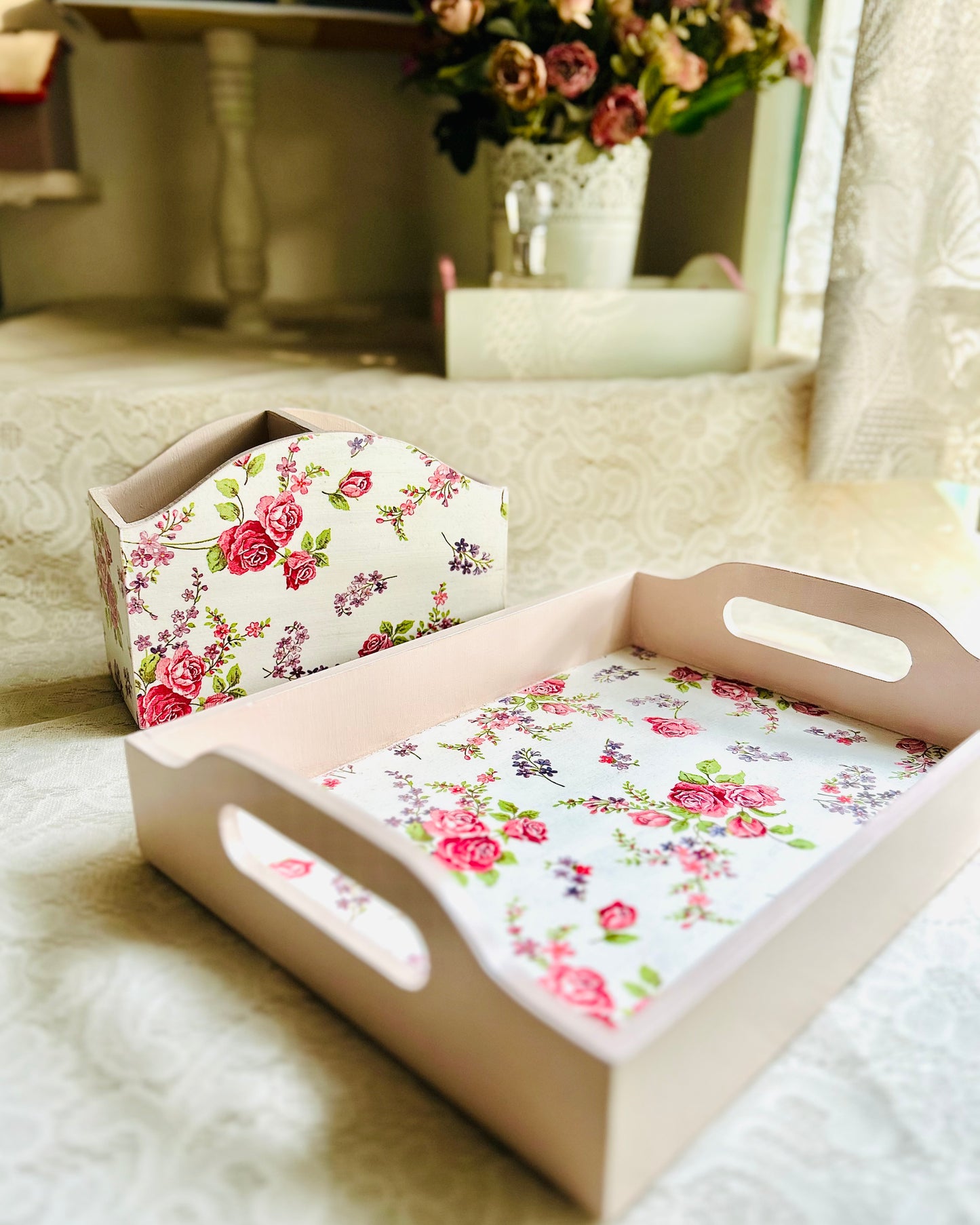 Pink Rose Cutlery Holder | Floral Cutlery holder for dining table