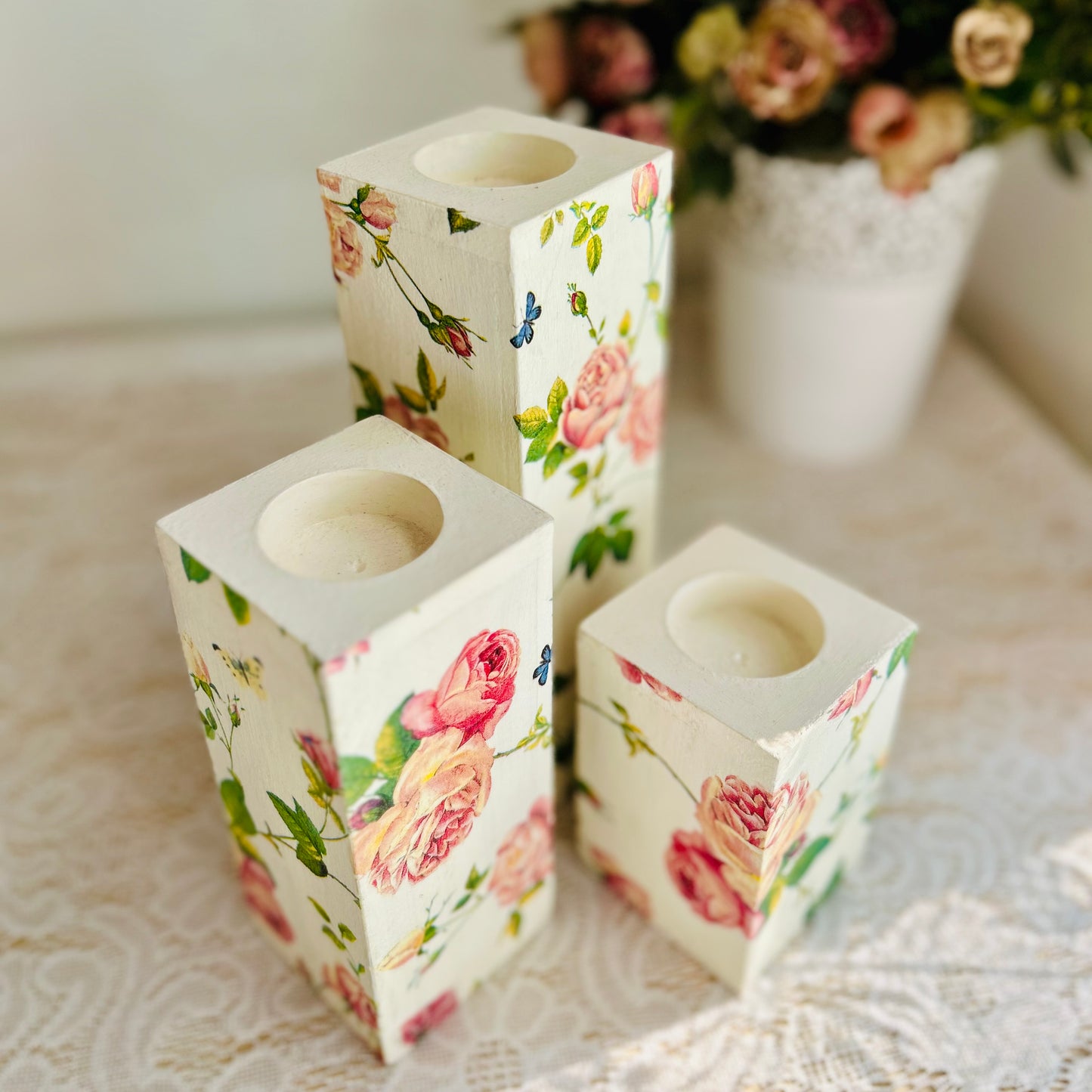 Yellow Garden Tealight Candle Holder Set of 3 | Floral Candle Stands for Romantic Home Decor & Gifting