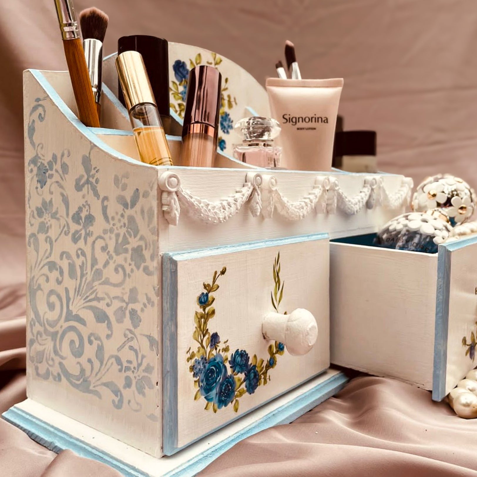 Make Up, Cosmetic, Skincare Organiser For Women | Elegant Makeup Vanity With Jewelery Drawer (Blue) | Makeup Organizer | Makeup Box For Storage