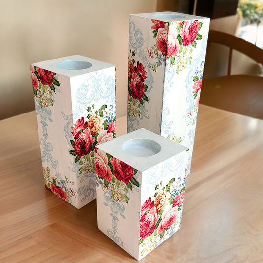 Blue Vintage Rose Tealight Candle Holder | Set of 3