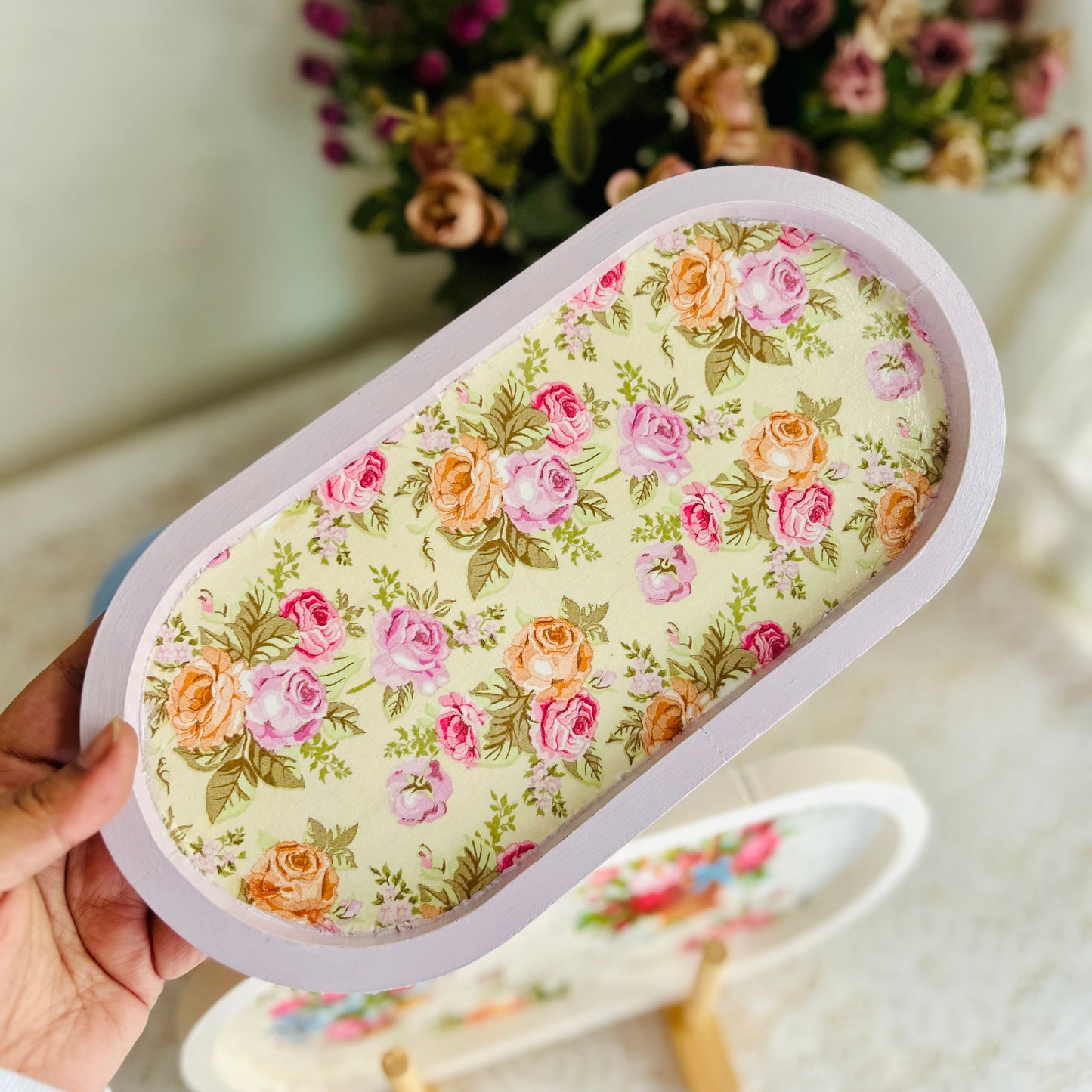 Mini Oval Floral Wooden Trinket Tray | Vintage Cottage Decor - Pastel Rose