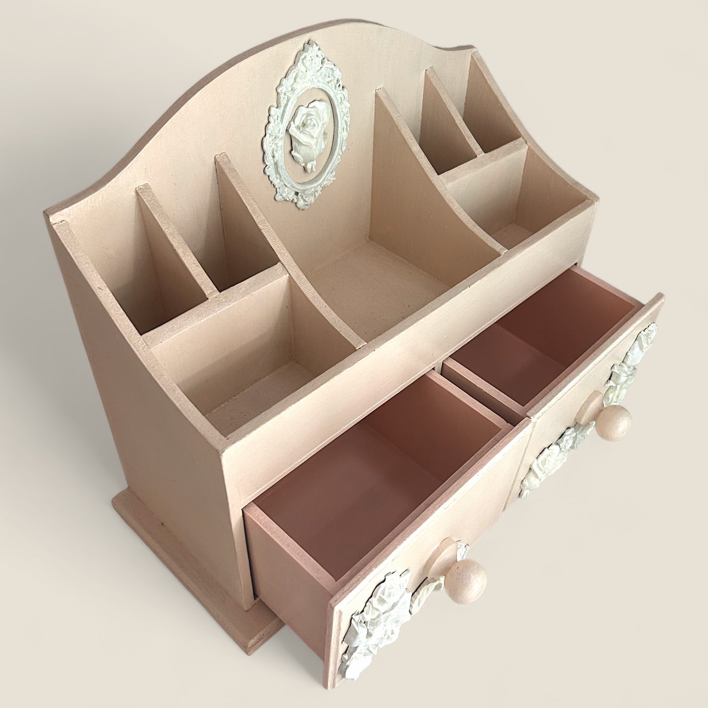 Rose Reverie Cream Makeup & Jewelry Organizer | 7 Compartments & 2 Drawers