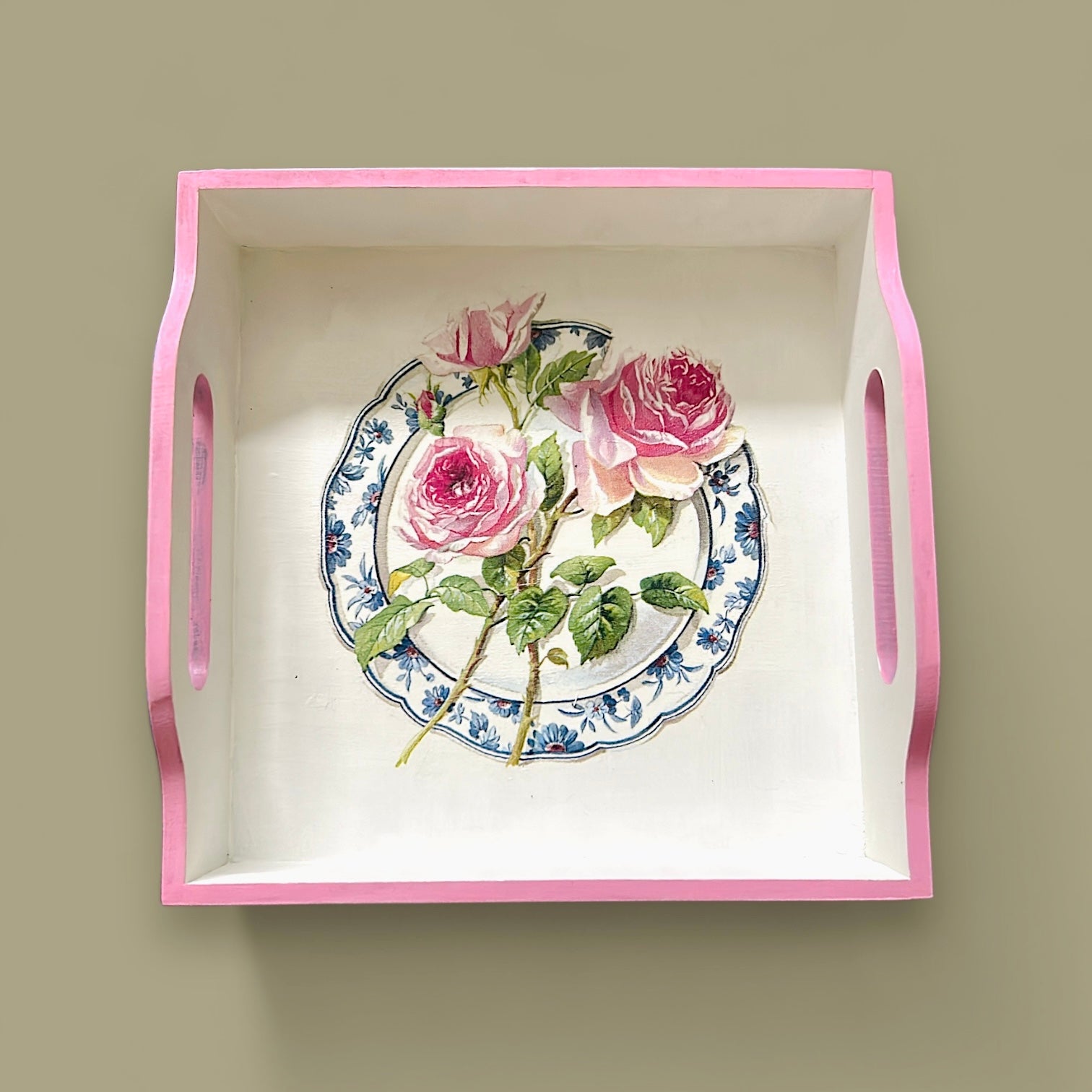 Pink Rose Square Tray Small for cups glasses pretty floral gift tray