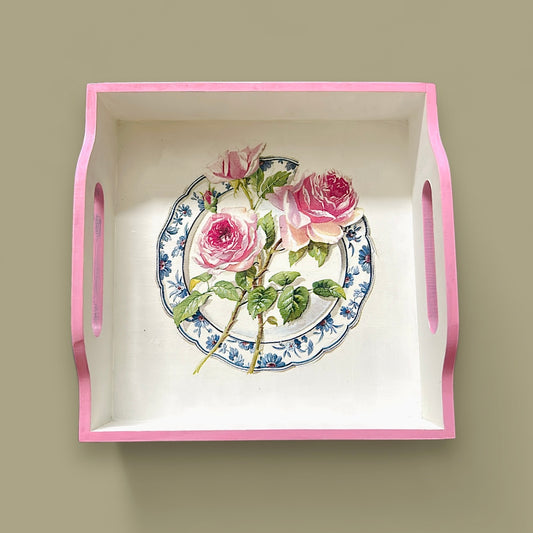 Pink Rose Square Tray Small for cups glasses pretty floral gift tray