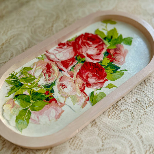 Mini Oval Floral Wooden Trinket Tray | Vintage Cottage Decor - Blush Rose