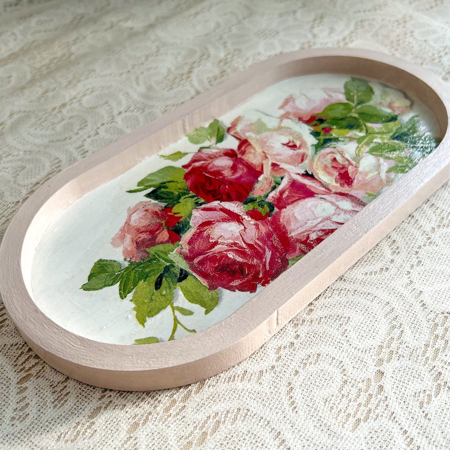 Mini Oval Floral Wooden Trinket Tray | Vintage Cottage Decor - Blush Rose