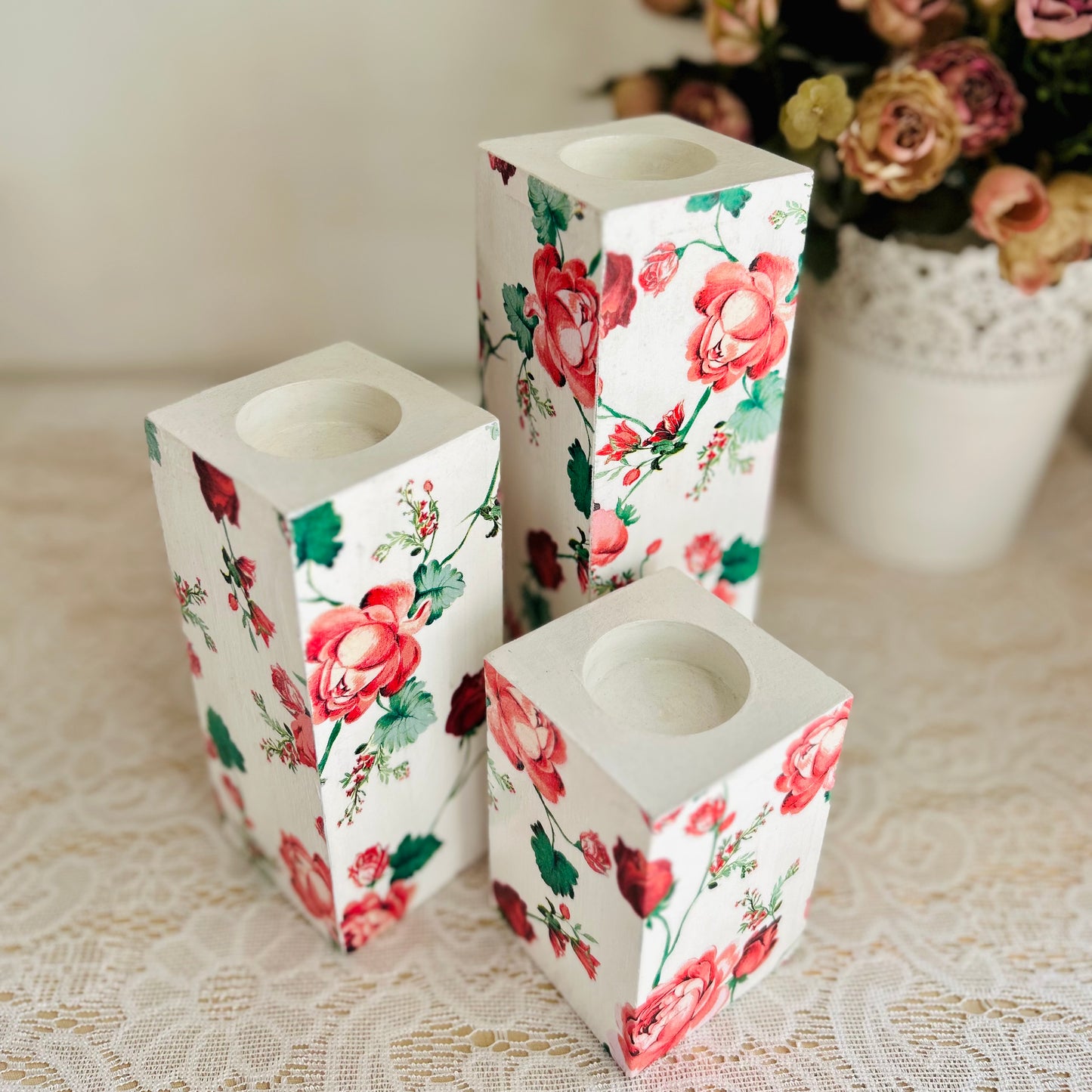 Red Rose Tealight Candle Holder Set of 3 | Floral Candle Stands for Romantic Home Decor & Gifting