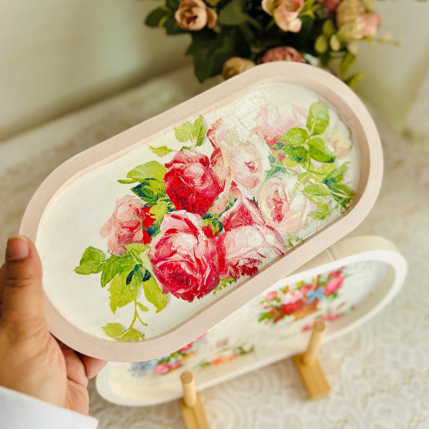 Mini Oval Floral Wooden Trinket Tray | Vintage Cottage Decor - Blush Rose