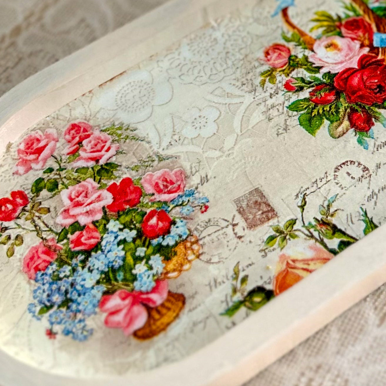 Mini Oval Floral Wooden Trinket Tray | Vintage Cottage Decor - Flower Basket