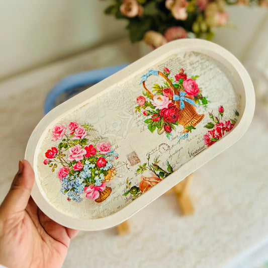 Mini Oval Floral Wooden Trinket Tray | Vintage Cottage Decor - Flower Basket
