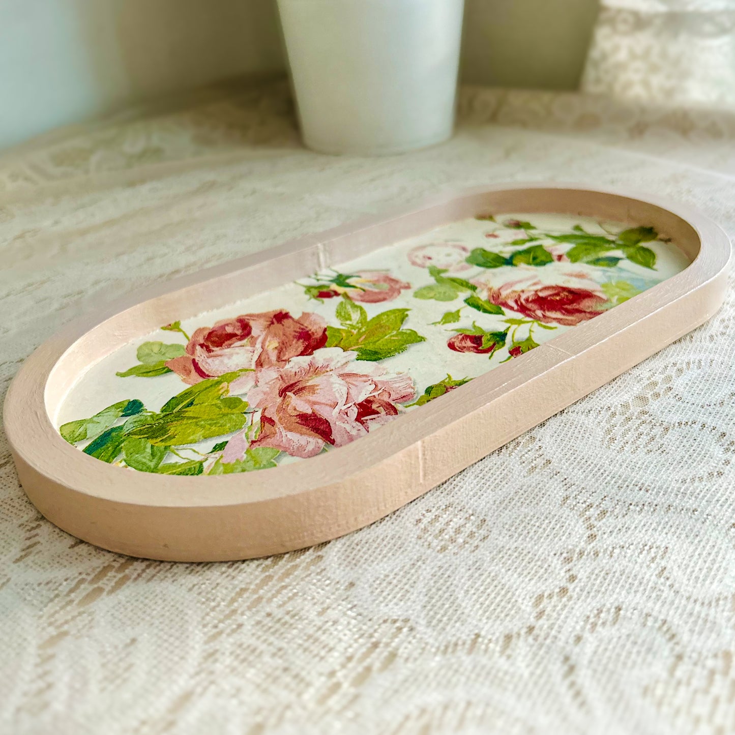 Mini Oval Floral Wooden Trinket Tray | Vintage Cottage Decor - Blush Rose