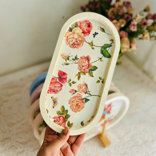 Mini Oval Floral Wooden Trinket Tray | Vintage Cottage Decor - Morning Rose