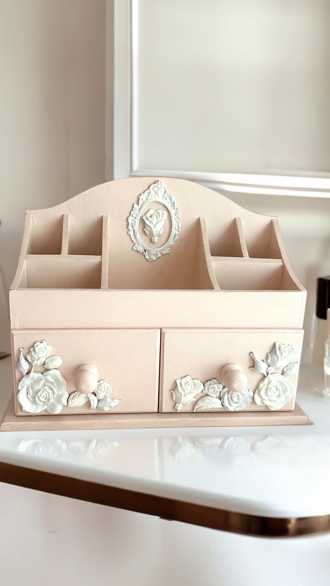 Rose Reverie Cream Makeup & Jewelry Organizer | 7 Compartments & 2 Drawers