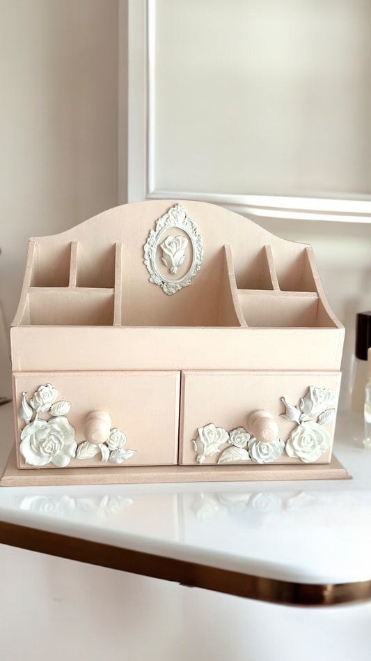 Rose Reverie Cream Makeup & Jewelry Organizer | 7 Compartments & 2 Drawers