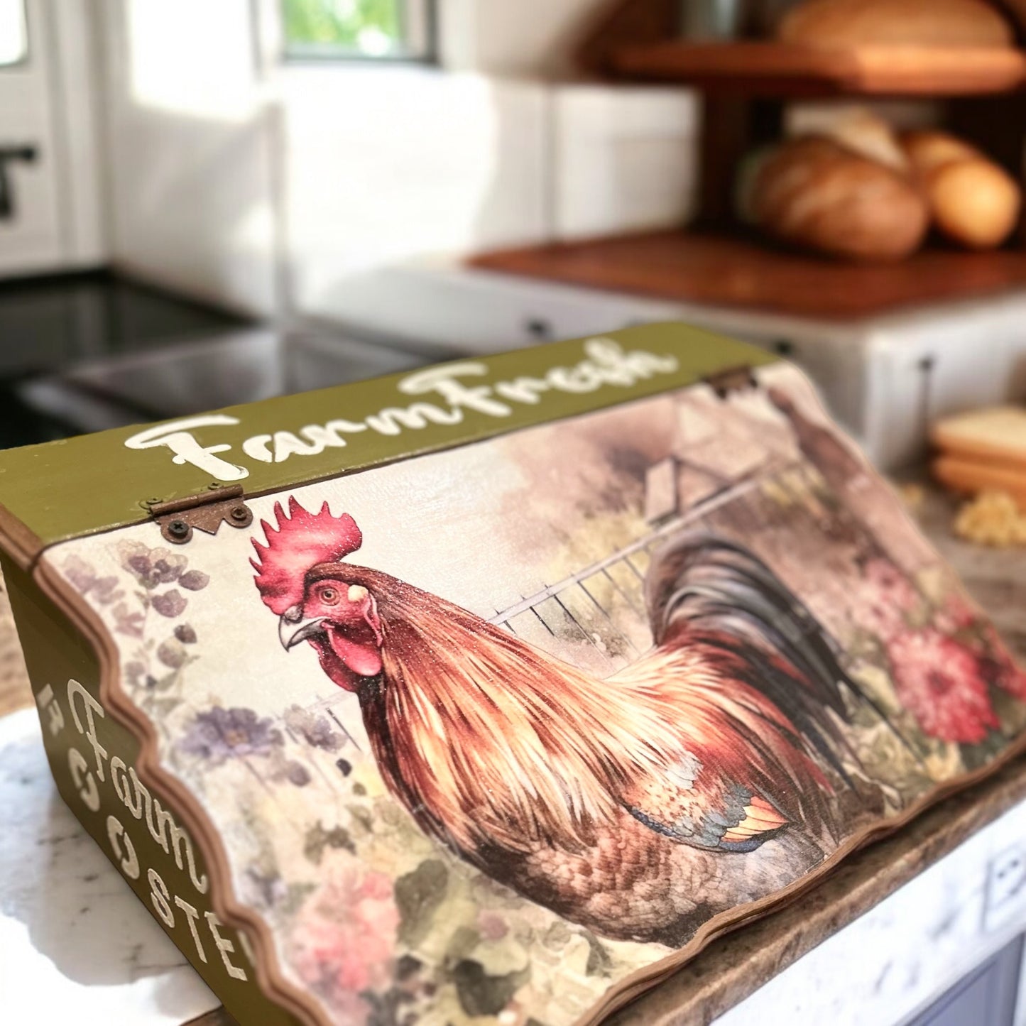 Country Rooster BreadBox - Kitchen Counter Storage for breads and dry items | PASTEL WOODS