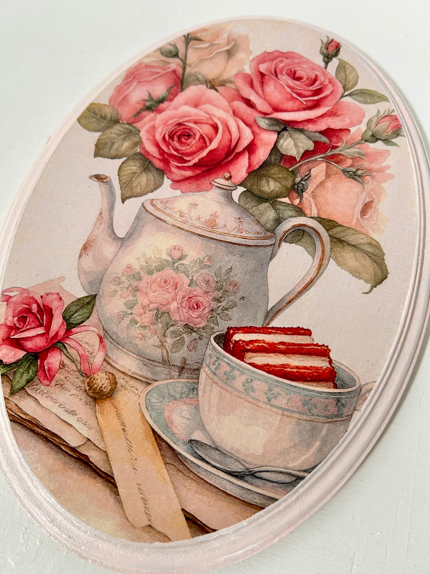 Shabby Rose Teapot - Oval Wall Plate | Vintage Wall Decor | Pastel Woods