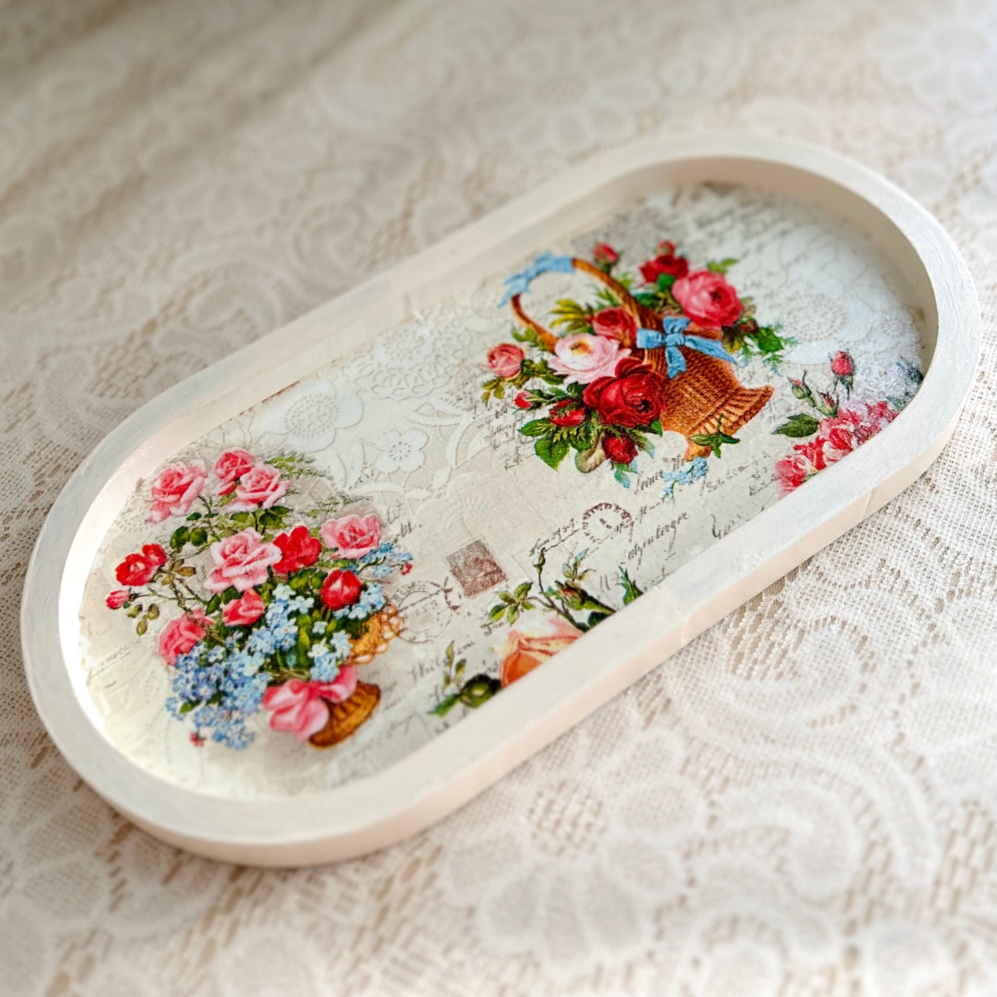 Mini Oval Floral Wooden Trinket Tray | Vintage Cottage Decor - Flower Basket
