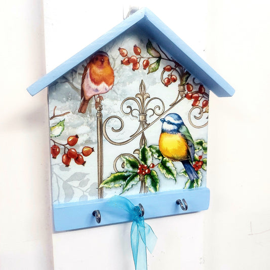 Hut Keyholder | Wall Key hanger for gifting | with 3 hooks | Blue Birds