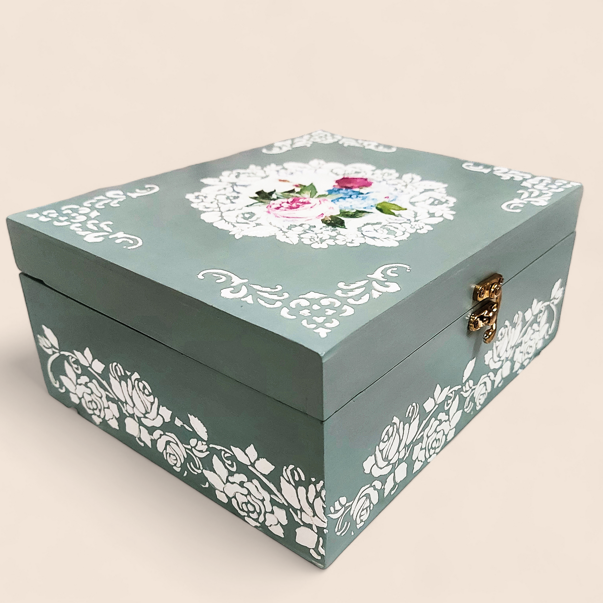 English Rose Jewellery Storage Box | Decorative Box | Keepsake Box in Duck egg blue