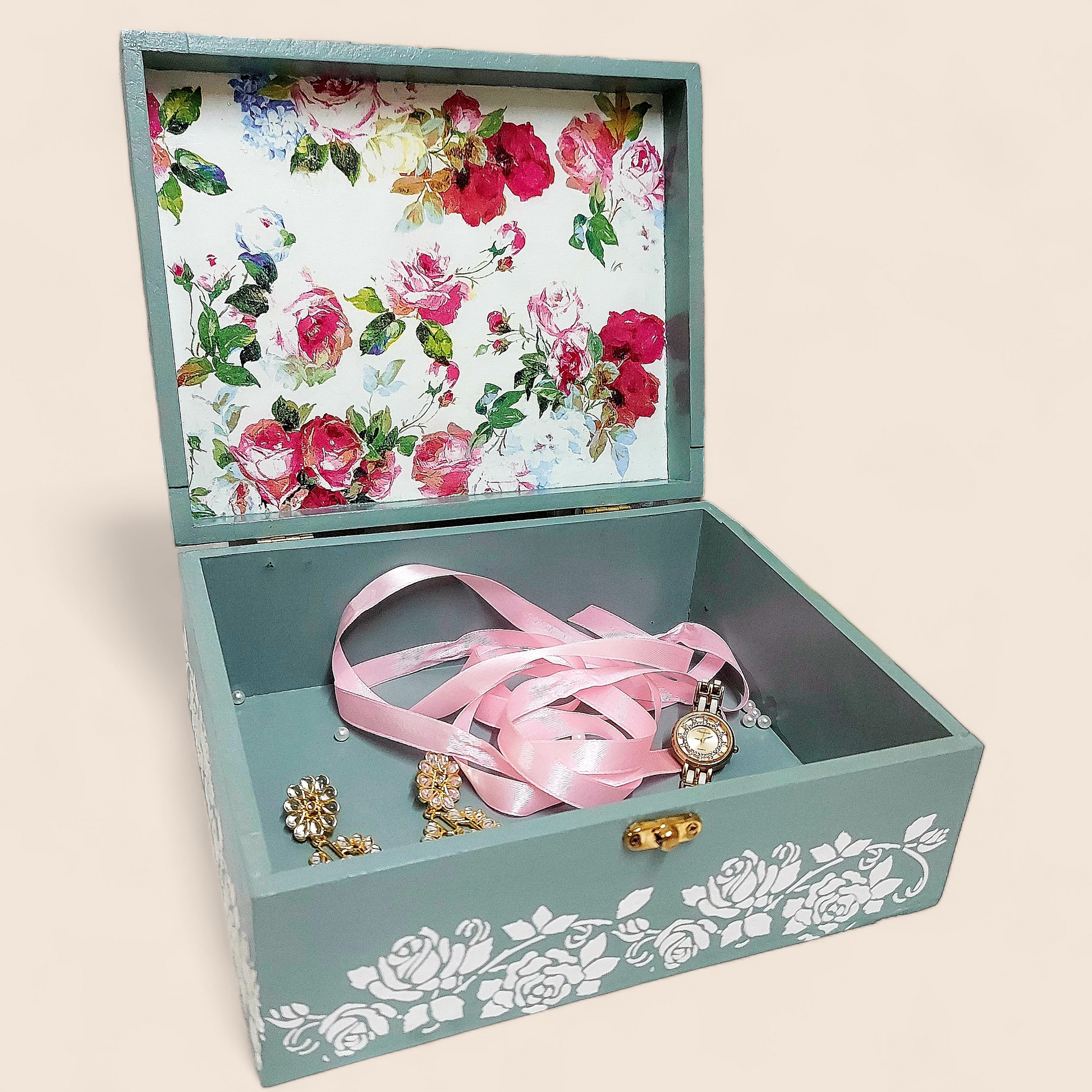 English Rose Jewellery Storage Box | Decorative Box | Keepsake Box in Duck egg blue
