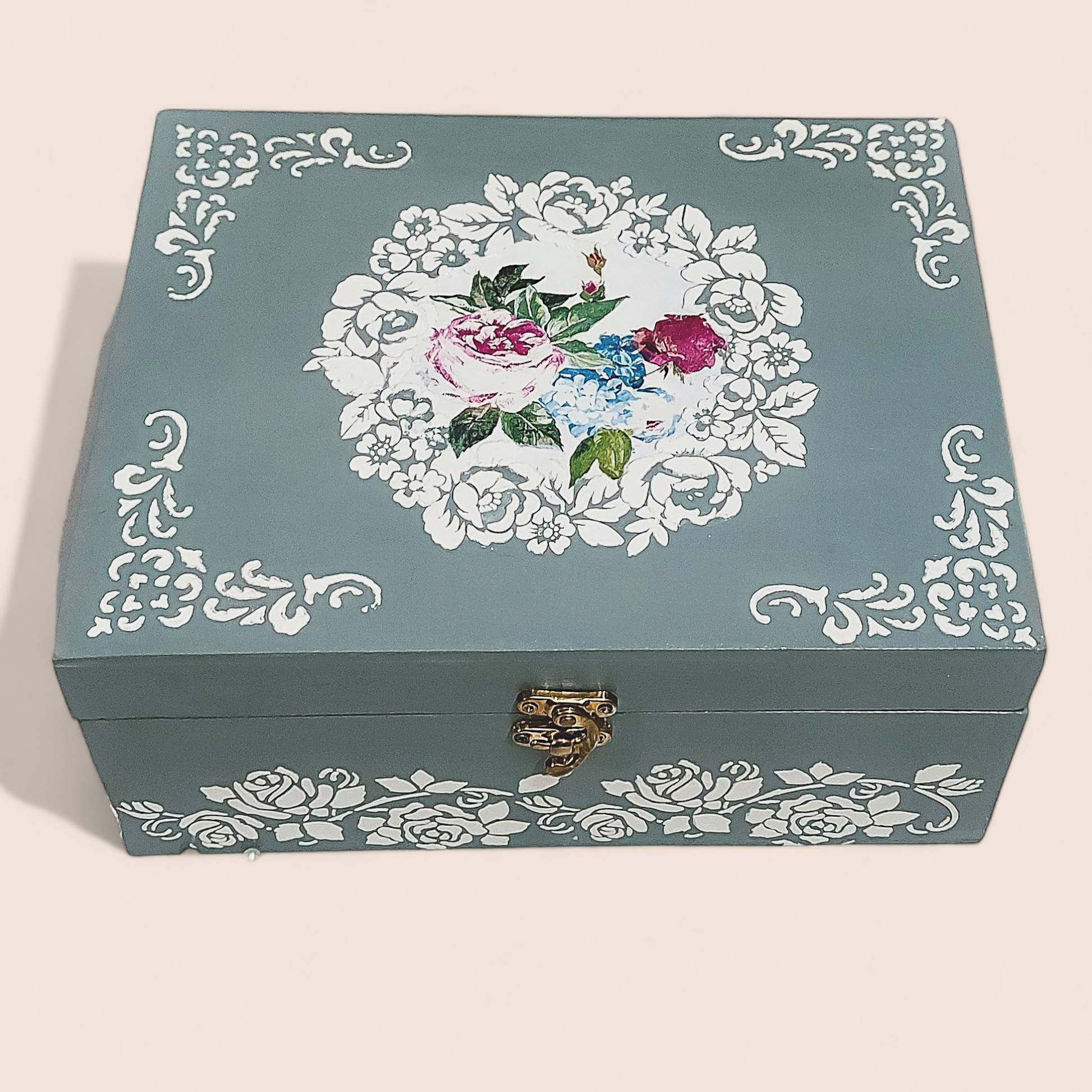 English Rose Jewellery Storage Box | Decorative Box | Keepsake Box in Duck egg Blue