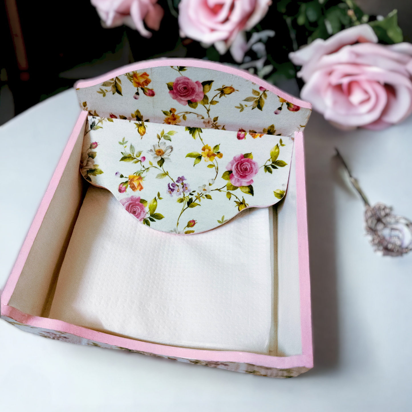 small rose Square Tissue Box / Square Napkin Holder / Tissue Holder for Home Office Car