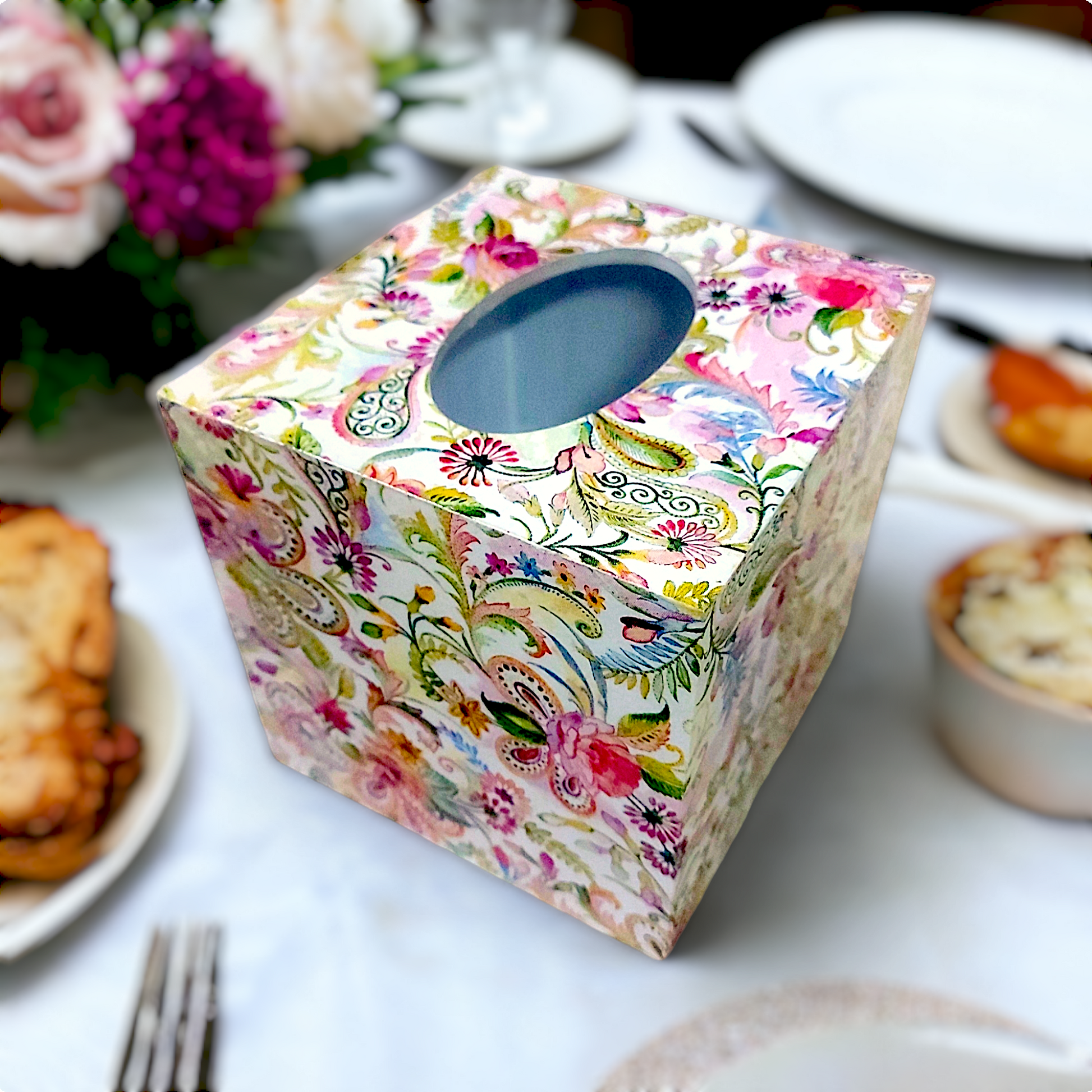Floral Cube Tissue Box / Square Napkin Holder / Tissue Holder for Home Office Car