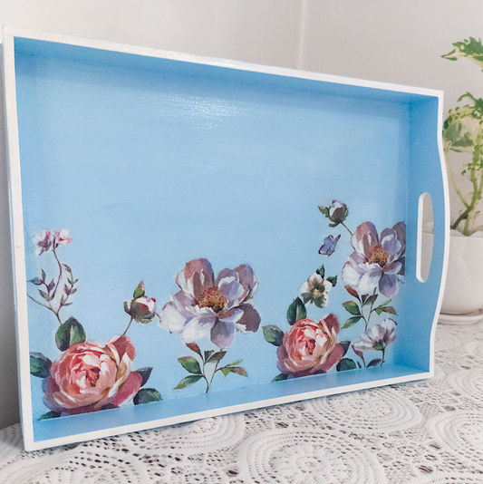 Blue Floral Wooden Tray large 