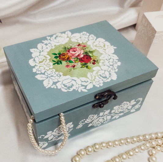 Vintage Rose Storage Box | Decorative Box | Keepsake Box | Jewellery Box in Duck egg blue