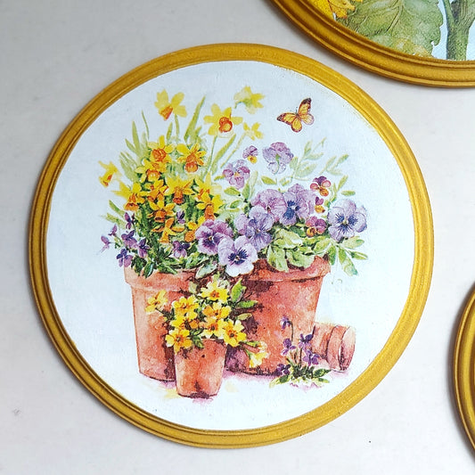 Flower Pots - Round Wall Plates | Yellow Wall Decor | Pastel Woods