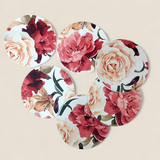 Red Floral Round Coaster set for cups, glasses (without box/ stand)