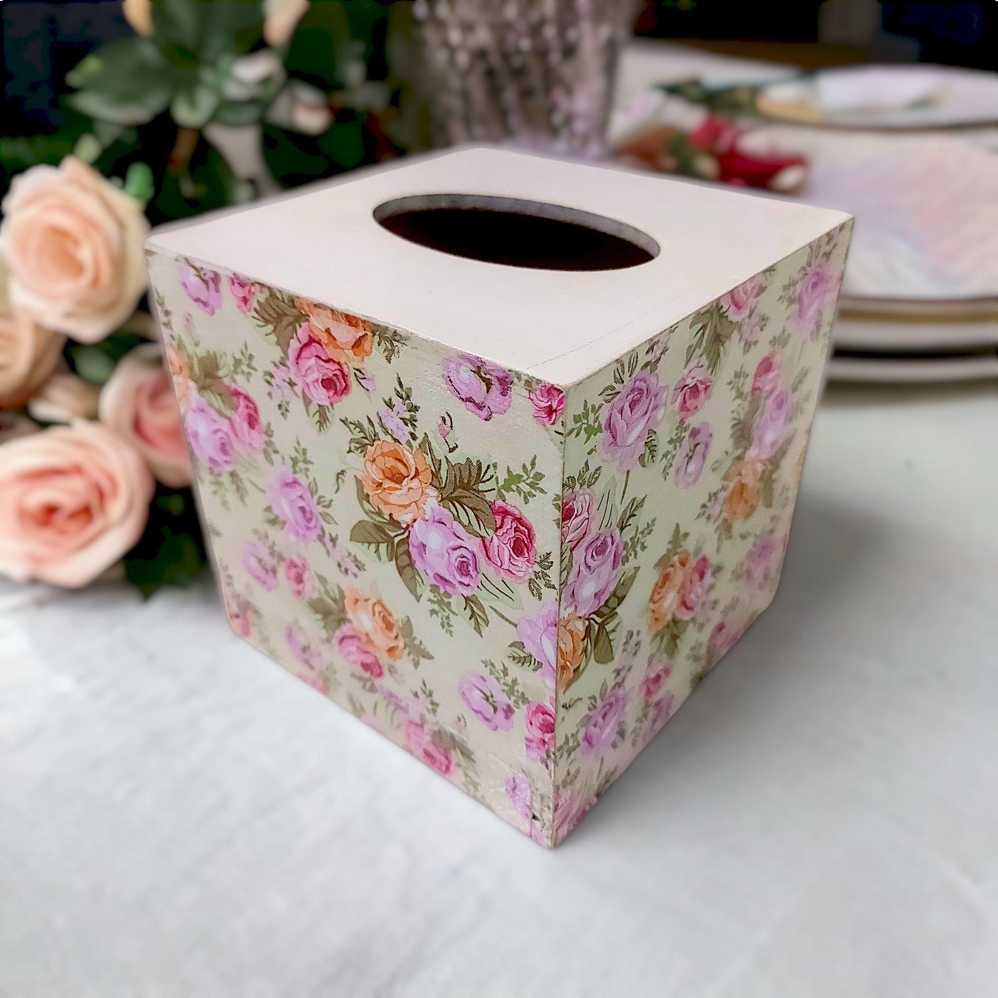 Vintage Rose Square Tissue Box / Cube Napkin Holder / Tissue Holder for Home Office Car