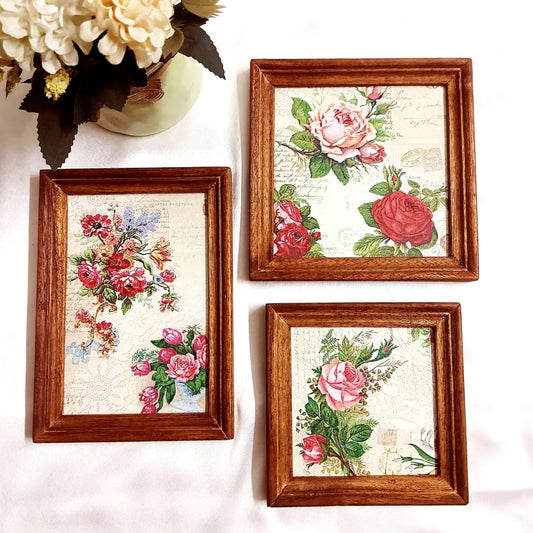 Vintage Rose Wall Frame Set - Wooden Wall decor for living room - Wall art