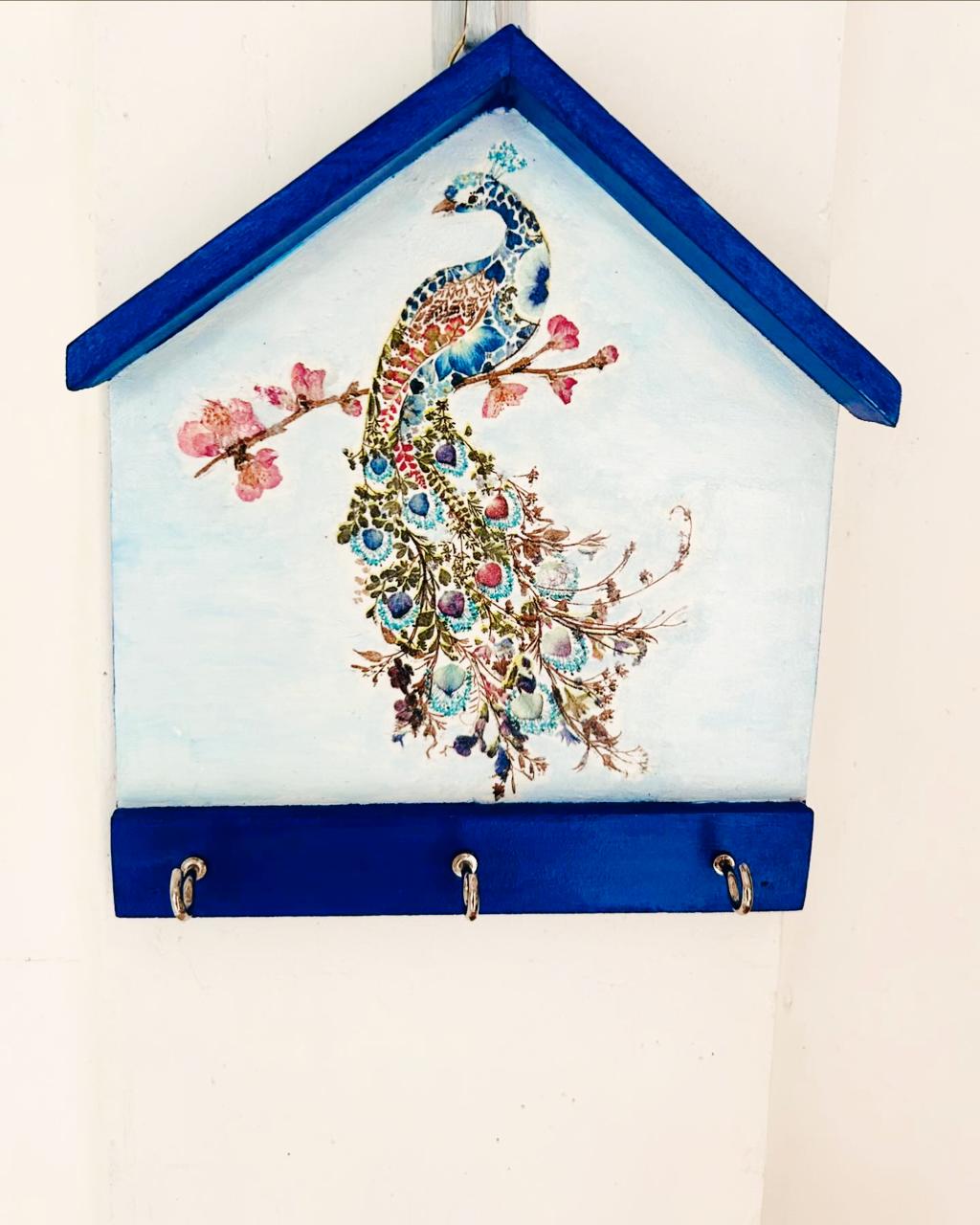 Hut Keyholder | Wall Key hanger for gifting | with 3 hooks | Royal Blue Peacock