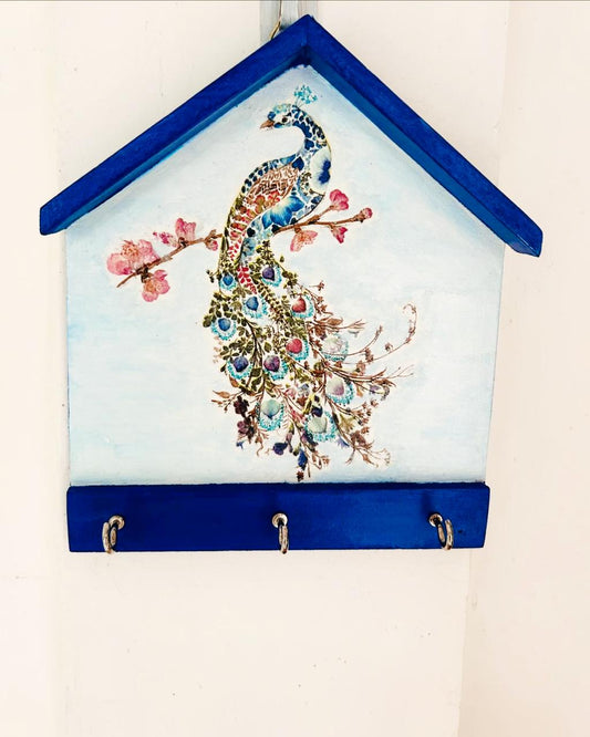 Hut Keyholder | Wall Key hanger for gifting | with 3 hooks | Royal Blue Peacock