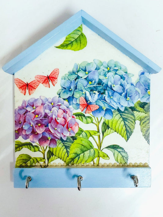 Hut Keyholder | Wall Key hanger for gifting | wall decor with 3 hooks | Blue Hydrangea